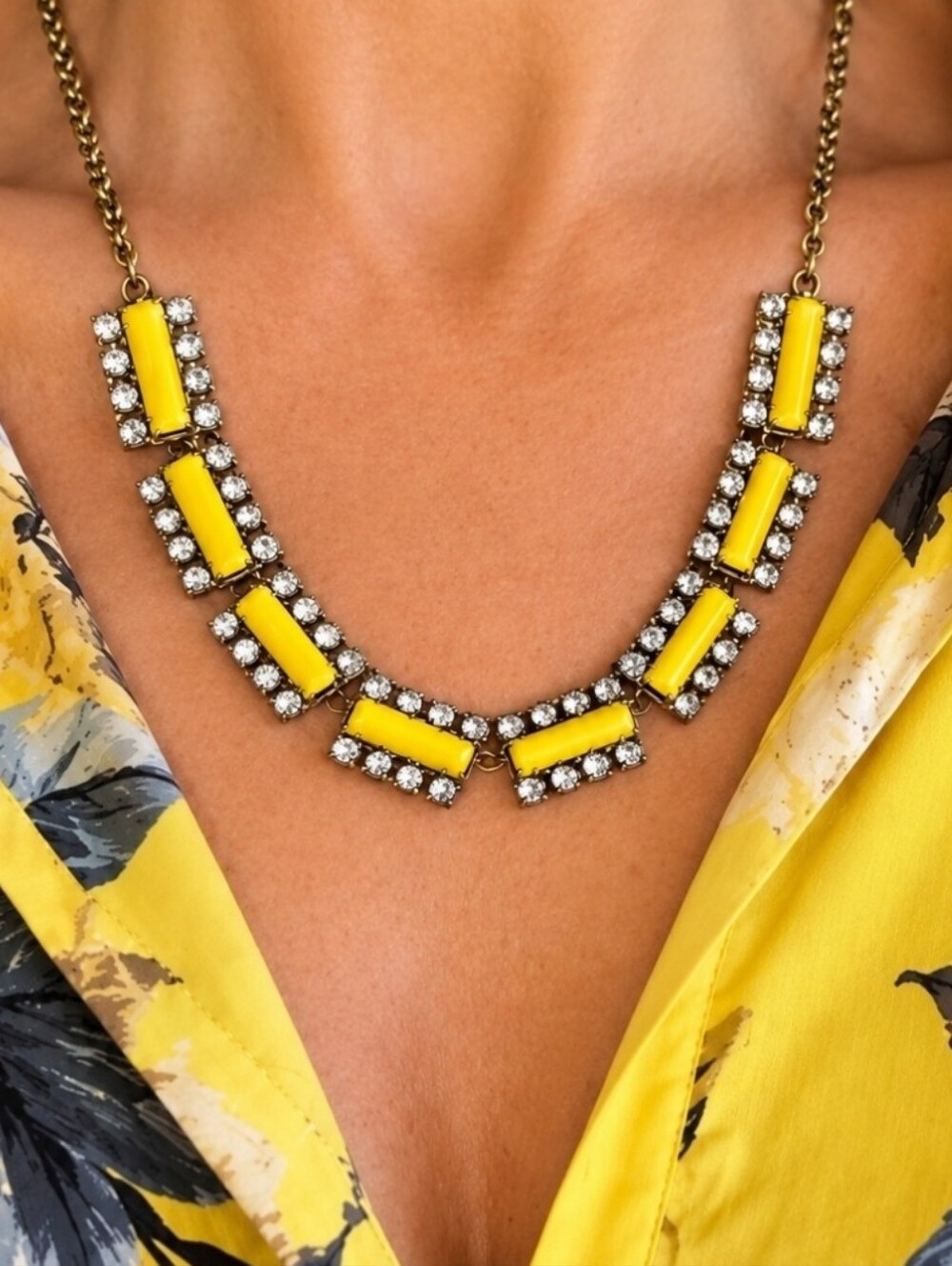 J. Crew Signed Yellow Lucite Oxidized Brass Clear Rhinestone Enamel Necklace